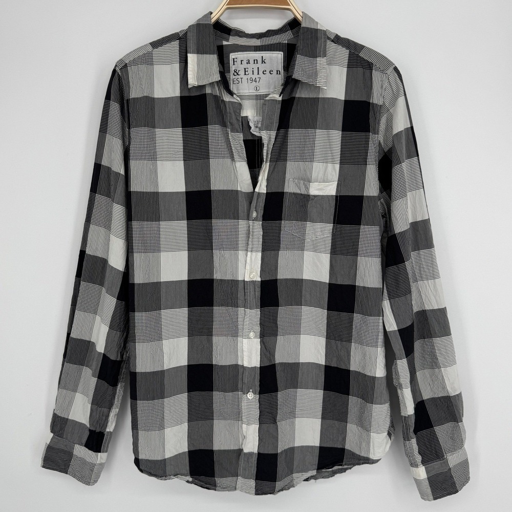 Frank & Eileen Barry Button‎ Down Crinkle Shirt Large Black White Plaid Gingham